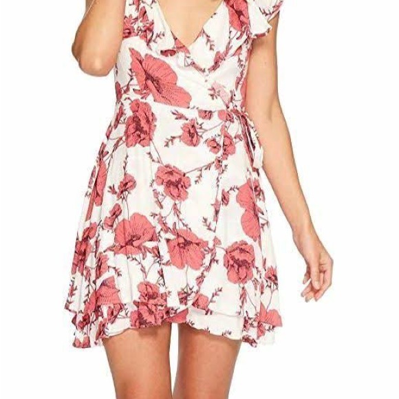 Free People French Quarter Print Wrap Flutter Sleeve Minidress, Pink Cream Combo - Picture 3 of 8